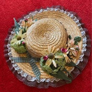 Floral Straw Hat with Lace Trim